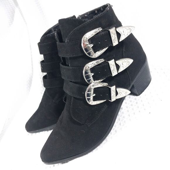 FOREVER 21! LUXE BLACK VEGAN SUEDE LEATHER TRIPLE BUCKLE ZIPPER BOOTS! SZ 8M - Picture 12 of 12